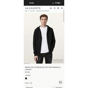 AllSaints Men's Black Brace Zip Up Brushed Cotton Ramskull Hoodie Lightweight M